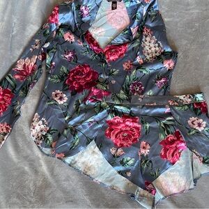 Victorias Secret Floral Satin Pajama Set - Blue with Pink Rose Print